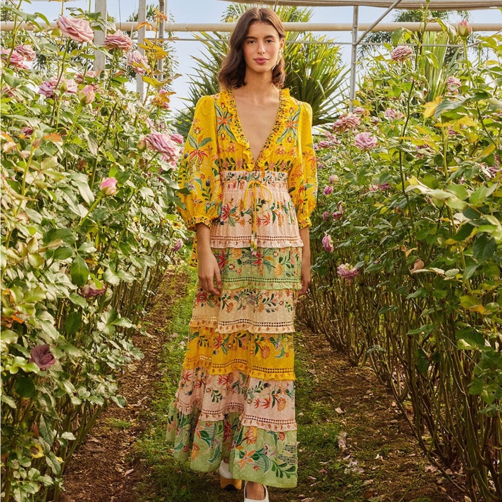 FARM RIO Mixed Delicate Flowers Long Sleeve Maxi Dress